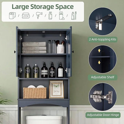 Over The Toilet Storage Cabinet, Above Toilet Organizer with 2 Rattan Doors, Modern Blue Finish, 24x70 inch Space Saving Freestanding Bathroom Cabinet
