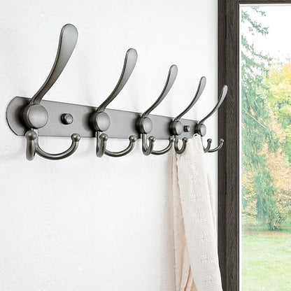 Dseap Coat Rack Wall Mounted - 5 Tri Hooks, Heavy Duty, Stainless Steel, Metal Coat Hook Rail for Coat Hat Towel Purse Robes Mudroom Bathroom Entryway (Grey, Pack of 2)