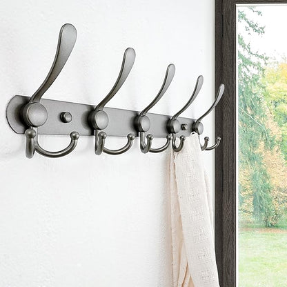 Dseap Coat Rack Wall Mounted - 5 Tri Hooks, Heavy Duty, Stainless Steel, Metal Coat Hook Rail for Coat Hat Towel Purse Robes Mudroom Bathroom Entryway (Grey, Pack of 2)