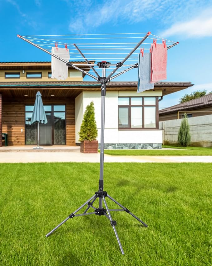 STORAGE MANIAC Portable Umbrella Clothes Drying Rack 8 Lines with 82 Feet Drying Space, Steel Frame & Adjustable Height, 4-arm Umbrella Clothesline for Laundry, Collapsible Indoor & Outdoor Drying