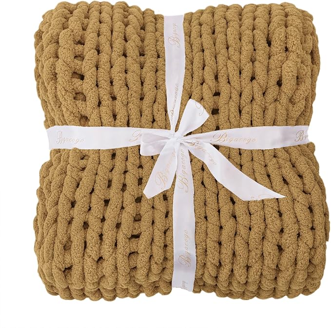 Bigacogo Chunky Knit Throw Blanket for Couch, 40x40 inches, 100% Hand Knitted with Thick Jumbo Chenille Yarn, Cozy Soft Large Rope Knot Cable Crochet Blankets for Sofa Bed Living Room, Goldenrod