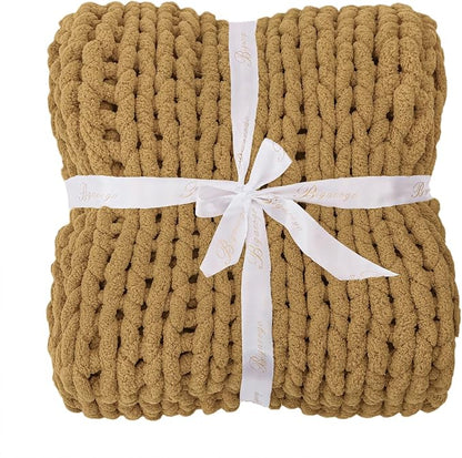 Bigacogo Chunky Knit Throw Blanket for Couch, 51x63 inches, 100% Hand Knitted with Thick Jumbo Chenille Yarn, Cozy Soft Large Rope Knot Cable Crochet Blankets for Sofa Bed Living Room, Goldenrod