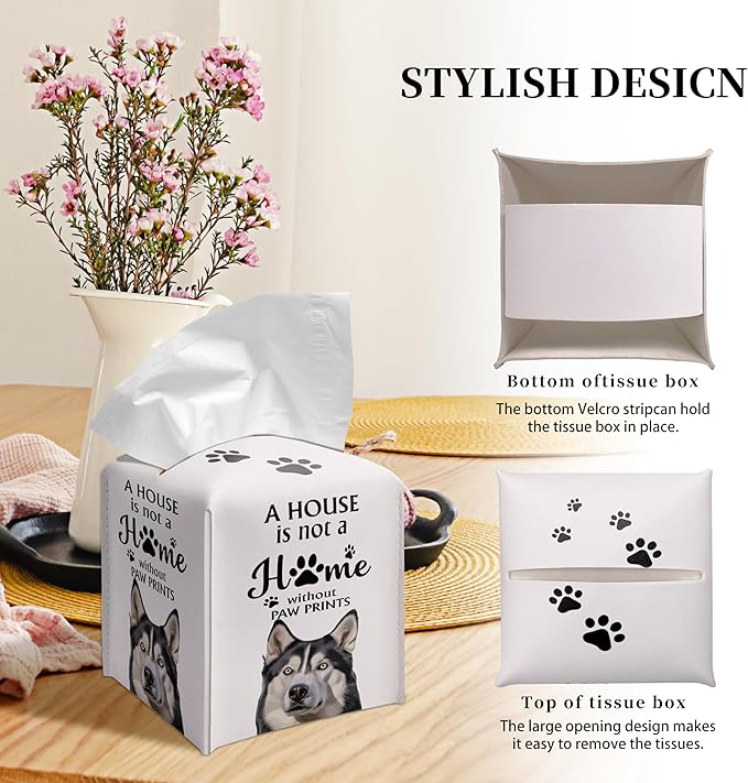 Grace Yonks Cute Husky Tissue Box Cover Square, Husky Dog Cube Case for Facial Tissues, 5.2" PU Leather(036)