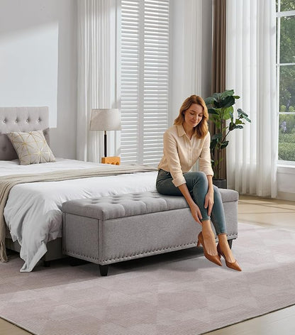 Tbfit 50.8“ Large Ottoman Storage Bench for Bedroom, Oversized Tufted Upholstered Entryway Benches End of Bed, Rectangle Dorm Foot Stool with Safety Hinge & Solid Wood Legs, Loads 660 lb, Light Gray