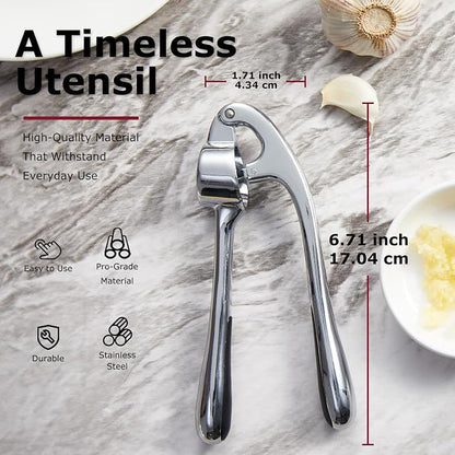 Kitessensu High Effective Premium Garlic Press Set, With Silicone Garlic Peeler & Brush, Heavy Duty Garlic Mincer, Easy to Squeeze and Clean, Rust Proof - Gloss Silver