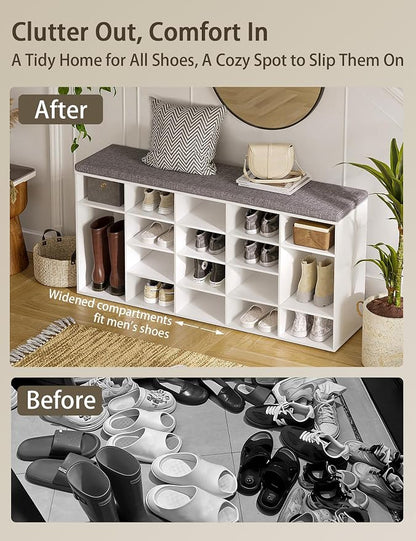 DINZI LVJ Shoe Storage Bench, 20-Cubby Shoe Rack Bench with Cushion, Fully Adjustable Shelves, Shoe Organizer for Closet, Entryway, Mudroom, Hallway and Garage, White