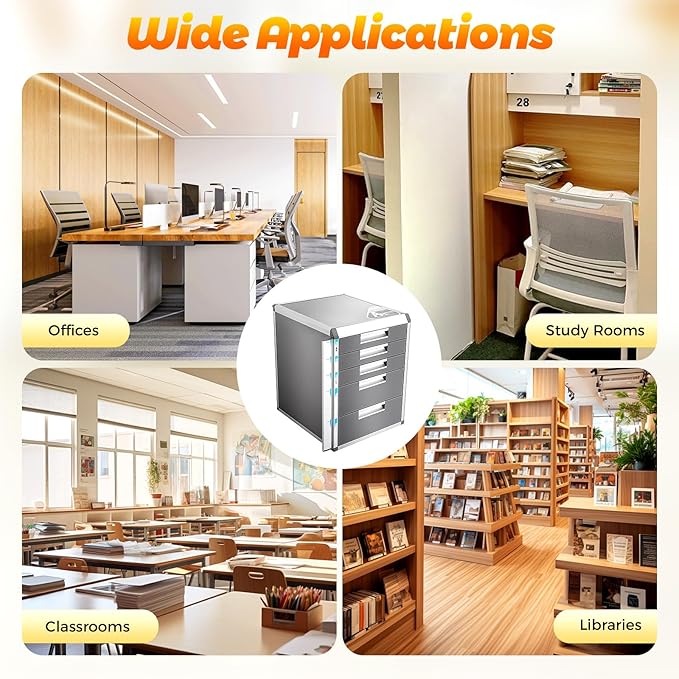 Desk Organizer with 5 Drawers, Metal Desktop Storage Cabinet File Holder with Locks and Keys, Filing Case Literature Organizer for Office Home, L12.4*D13.8*H16in, Silver & Grey