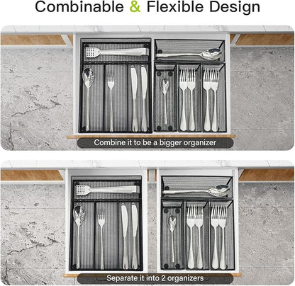 Neudeco Drawer Organizer Set, Black Mesh, 5 Pack | 4-Compartment Silverware Organizer Tray, 4 Utensil Trays, For Flatware, Cutlery, Office Supplies, Non-Slip