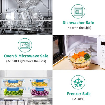 34pcs Glass Food Storage Containers with Lids Set, Airtight Glass Meal Prep Containers (17 Containers & 17 Lids), Leak Proof Lunch Container BPA-Free, Microwave, Oven, Freezer, Dishwasher Safe-Blue