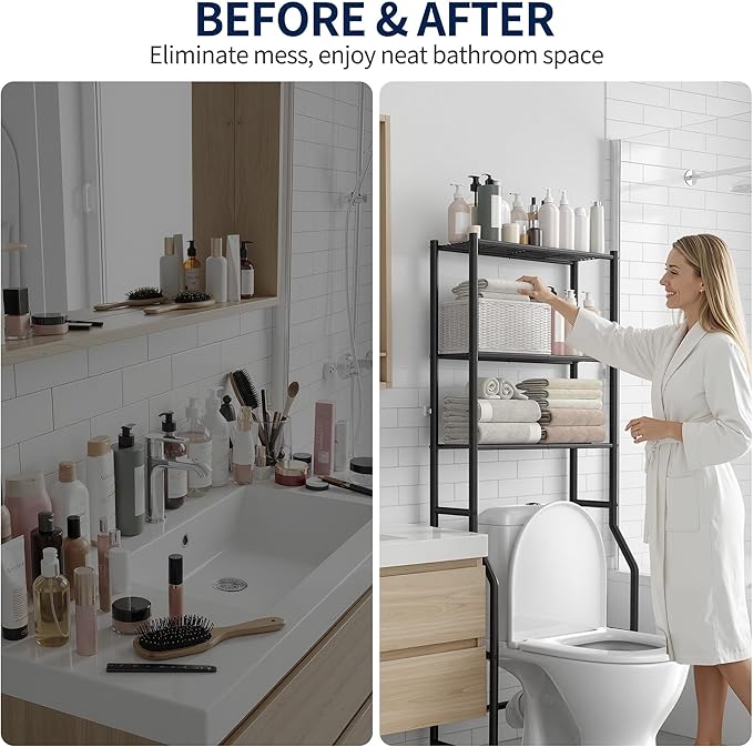 GloTika 3-Tier Over Toilet Storage Rack, Metal Over Toilet Bathroom Organizer Shelf, Freestanding Space Saver Storage Shelves for Bathroom/Laundry/Living Room (Black)