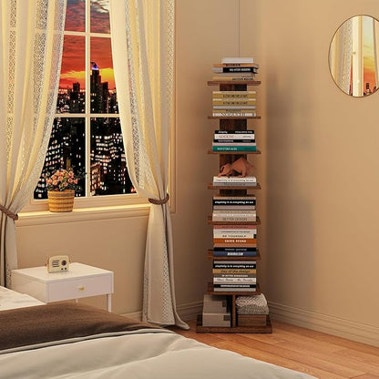 TUTOTAK Narrow Bookshelf, 8-Tier Bookcase, Spine Book Shelf for Small Space, Corner Standing Shelf for Living Room, Office, Study, Entryway, Rustic Brown BS06BB008