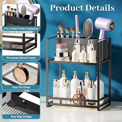 SanDream Hair Tool Organizer Bathroom Countertop, 2-Tier Metal Bathroom Organizer with Blow Dryer Holder, Large Capacity Space-Saving Vanity Shelf for Perfume, Skincare & Makeup Storage (Black)