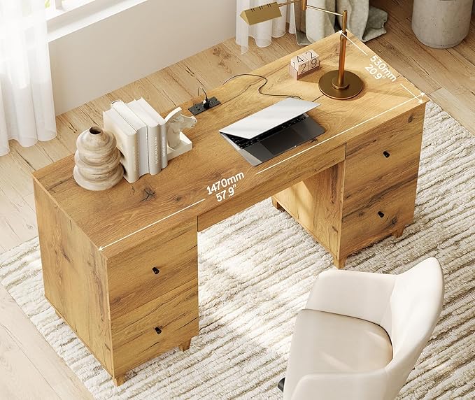 WAMPAT Executive Desk with 4 Deep Drawers, 58 Inch Modern Wooden Office Desk with Charging Station & Keyboard Tray, Home Office Large Computer Desk, Work & Study Writing Desk, Oak Brown