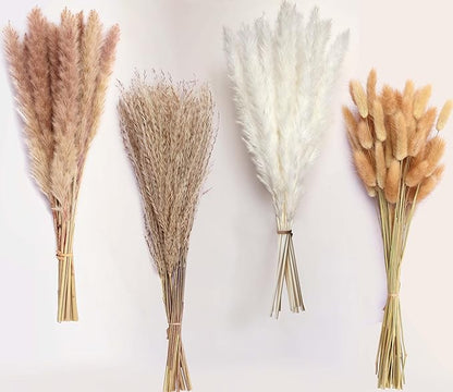 110 Stems Dried Pampas Grass, Boho Table Decor Natural Reed Phragmites Grass + Brown & White Pampas Grass + Bunny Tails Flowers Bouquet for Wedding Floral Arrangements Farmhouse Home Rustic Wall