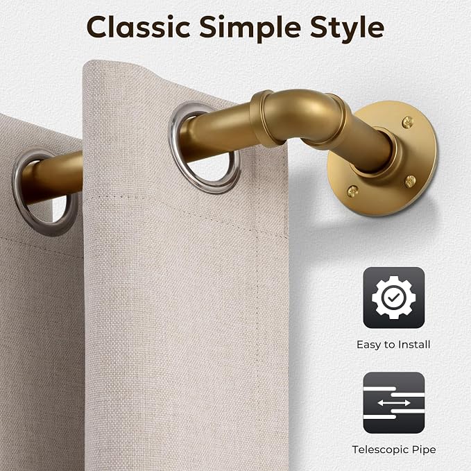 Zeerobee Curtain Rods for Windows 32 to 48, 1 Inch Industrial Wrap Around Warm Gold Curtain Rod, Indoor/Outdoor Room Divider Adjustable Drapery Pole, 32"-48"