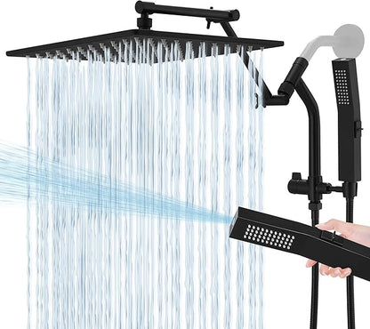 All Metal 12 Inch Rain Shower Head with Handheld Built-in Power Wash Mode, High Pressure Waterfall Rainfall Square Shower Heads with 16" Adjustable Extension Arm, Dual Showerhead, Matte Black