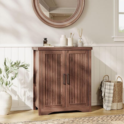 Fluted Buffet Cabinet with Storage Accent Sideboard,Modern Credenza with 2 Doors & Adjustable Shelves,Wood Coffee Bar Table Console for Dining Room Kitchen Living Room Entryway, Walnut