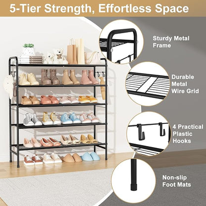 5 Tier Shoe Rack 33" Wide Metal Shoe Organizer Long Shoe Storage with 4 Side Hooks Sturdy Shoes Shelf for Closet, Front Door Entrance, Garage, Dorm, Black