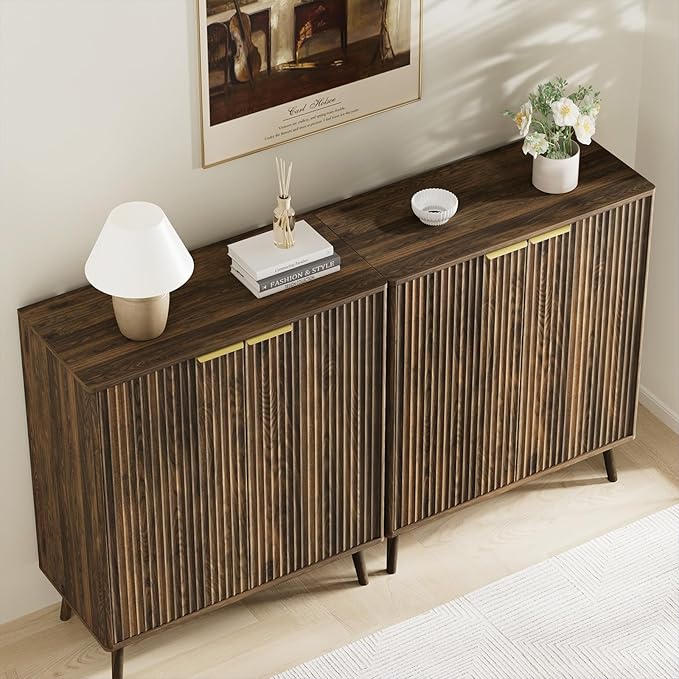 Fluted Shoe Cabinet with Doors 2 Pcs, 5-Tier Shoe Storage Cabinet for Entryway Slim, Wooden Hidden Shoe Organizer Cabinet with Adjustable Shelves and Solid Legs for Hallway, Walnut