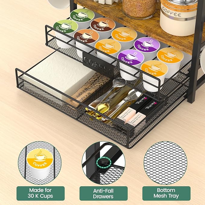 EsLuker.ly Coffee Bar Organizer Station Shelf Mug Holder for Countertop, 4 Tier Mug Holder Stand with 12 Hooks, K Cup Pod Drawer