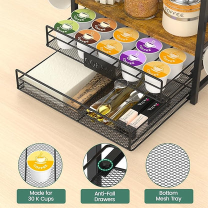EsLuker.ly Coffee Bar Organizer Station Shelf Mug Holder for Countertop, 4 Tier Mug Holder Stand with 12 Hooks, K Cup Pod Drawer