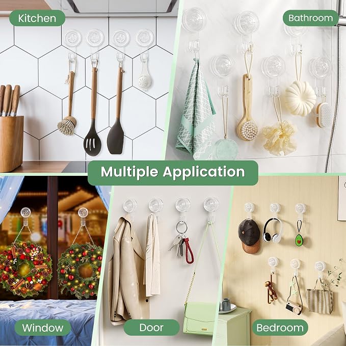 LUXEAR Suction Cup Hooks 4 Pack, Shower Hook Waterproof Vacuum Damage-Free Suction Hangers for Bathroom Kitchen Removable Reusable Suction Holders for Towel Loofah Bathrobe Christmas Wreath Decor