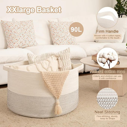 OIAHOMY 90L XXXLarge Blanket Basket for Living Room, 21.7" x 13.8" Woven Cotton Rope Laundry Basket for Organizing Pillows, Decorative Stuffed Animal Toy Storage for Nursery, Black and White