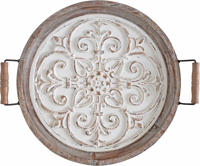 Kate and Laurel Hillrose Round Wooden Tray, 18 inch Diameter, Rustic Brown and White, Decorative Tray for Serving, Display, and Storage