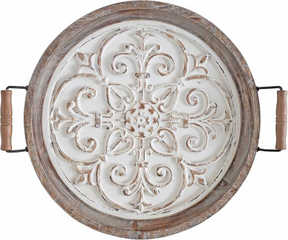 Kate and Laurel Hillrose Round Wooden Tray, 18 inch Diameter, Rustic Brown and White, Decorative Tray for Serving, Display, and Storage