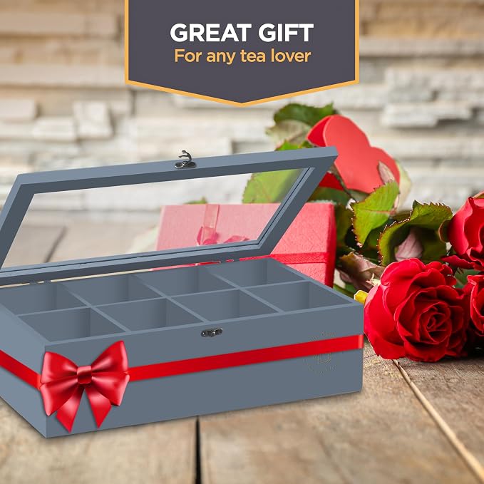 Tea Bag Organizer with Drawer - Gray Bamboo Tea Box Organizer, 8-Compartment Tea Storage Box with Acrylic Lid and Magnetic Closure, Tea Box for Kitchen Counter, Gifts for Mom, Wife, Tea Lovers (Grey)