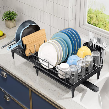 TOOLF Large Dish Drying Rack, Expandable Dish Rack for Kitchen Counter, Multifunctional Dish Drainer, Organization and Storage Essentials with Cup & Cutlery Holders, 16.7"-26.8" L x 12.6" W, Black