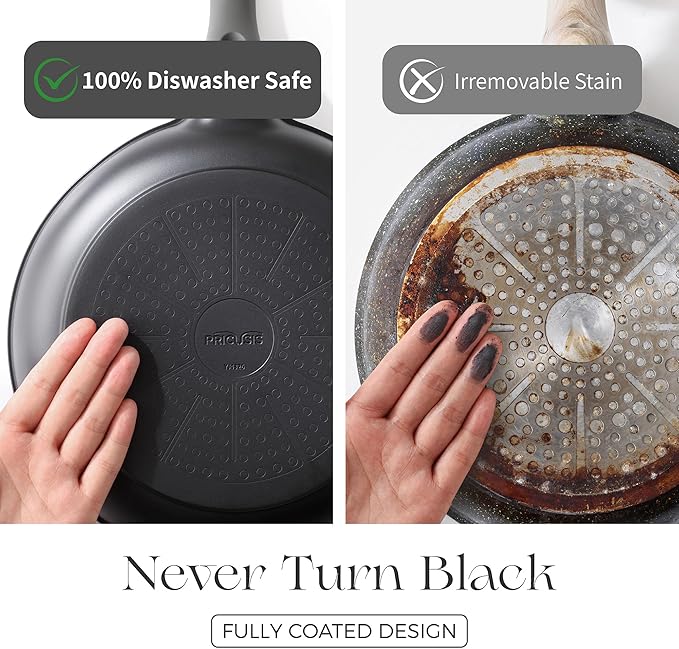 PRICUSIS Nonstick Frying Pan with Lid, 8/10 Inch Skillet with Stay Cool Handle, Fully Coated, Induction Compatible & Oven Safe, 100% Dishwasher Safe, PTFE & PFOA Free（10 Inch, Black Sesame）