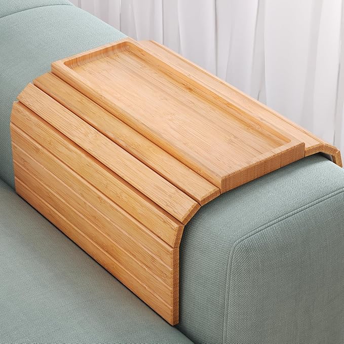 Sofa Arm Tray,Bamboo Folding Couch Arm Tray,Sofa Armrest Trays with Anti-Slip Pad for Drinks,Snacks,Phone,Remote Control（Natural）