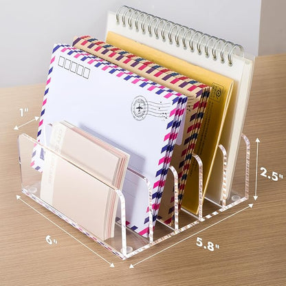 BEYGORM 2 Pack Acrylic Mail Holder, Clear Desk Organizer with Divider, Vertical Letter Sorter for Desktop, 5 Compartments Modern Office Home Envelope Organizer for Bill, Document, Notebook