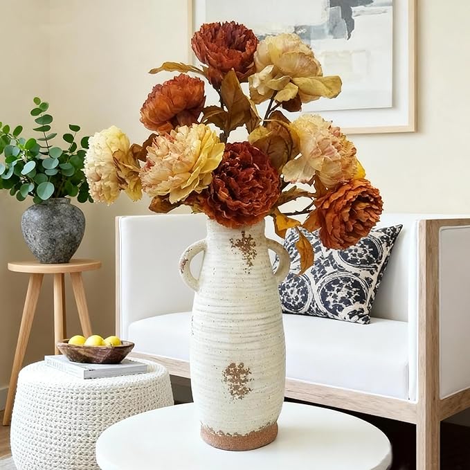 Ceramic Flower Vase with Handles, 12.3 Inch Tall Vase for Centerpieces, Large Decorative Terracotta Vases, Farmhouse Rustic Vases for Home Decor, Living Room, Table, Neutral