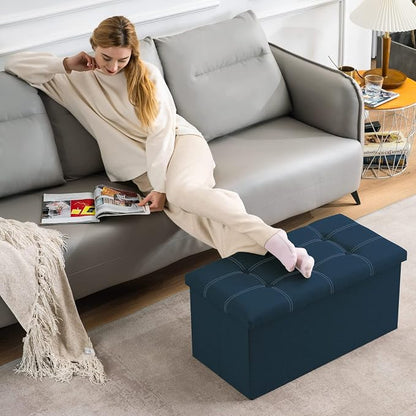 YOUDENOVA 30 Inches Folding Ottoman with Storage, Footrest Seat Support 350lbs, Bench for Living Room Bedroom, Linen Fabric Blue