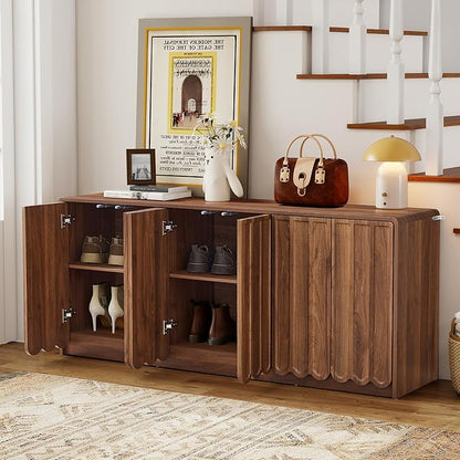 ORRD Sideboard Buffet Cabinet with Storage, Low Storage Cabinet Modern Wooden Accent Credenza Console Table TV Stand with 6 Wave Panel Doors for Kitchen Dining Living Room Entryway, Walnut