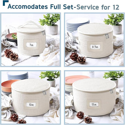 Fine China Storage Containers, 5 Piece Quilted Dish Storage Containers, Mug, Cup, and Plate Dish Organizer with Felt Dividers, Service of 12 Dinnerware Boxes for Moving, Seasonal Organization, Cream