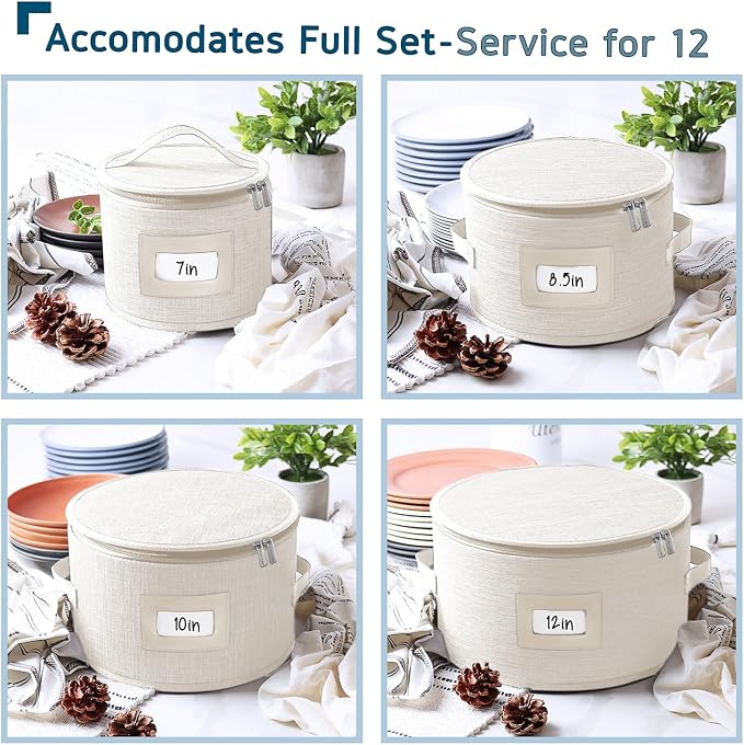 Fine China Storage Containers Hard Shell, 4 Piece Dish Storage Containers, Quilted Plate Containers, Stackable Dish Organizer with Dividers, Dinnerware Storage for Moving and Seasonal Storage, Cream