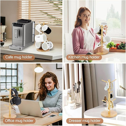 Bamboo Mug Tree Holder, Upgraded Screw Type 6 Hooks Coffee Mug Holders, Decorative Mug Racks for Counter, Non-Slip Coffee Mug Cup Trees