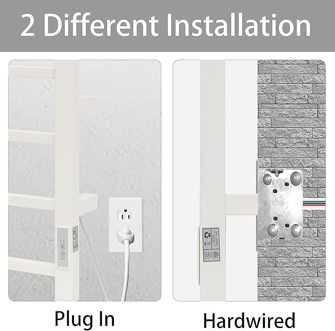 KEG Towel Warmer 4 Bars for Bathroom Wall Mounted Bath Towel Heater Hardwired and Plug-in with Built-in Timer White Square white TW-4s-W Towel warmer 4 bars white