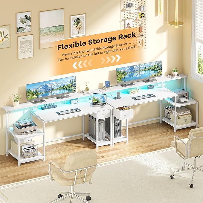 55 Inch Computer Desk with Monitor Shelf&LED Lights,Home Office Desk with Power Outlet&Printer Storage Shelves,Gaming Desk with Drawer,White Study Table for Bedroom Home Office