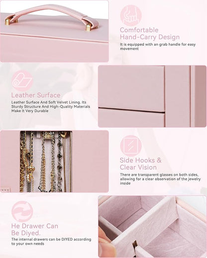 AKOZLIN 360° Rotating Jewelry Box 6-Tier Organizer Functional Jewelry Storage Case for Women Girls Ring Necklace Earring Bracelet Holder with Mirror Pink