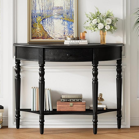 Amposei Small Curved Console Table 39-Inch Retro Farmhouse Wood Entry Sofa Table with Drawer & Storage Shelf for Living Room Hallway Entryway Furniture, Natural, Black