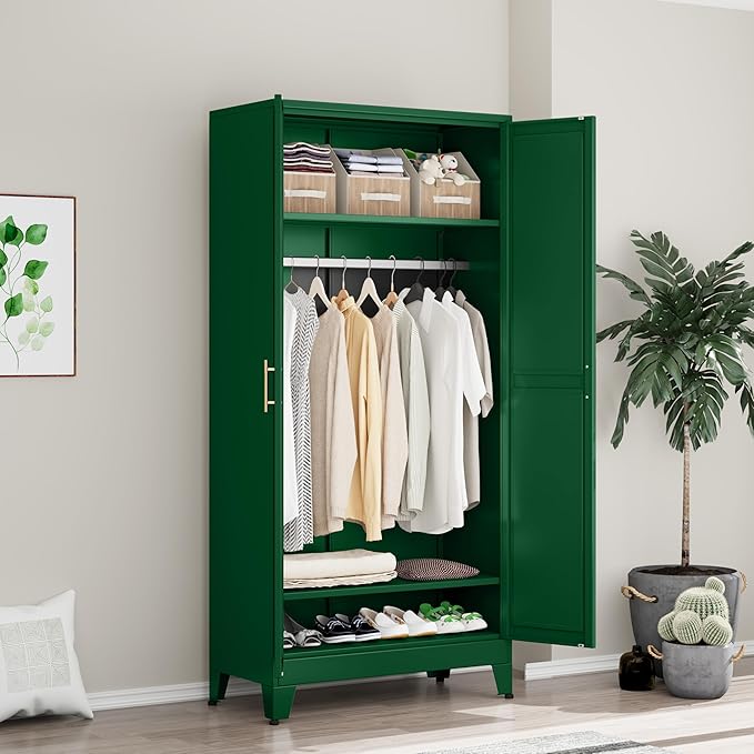 Metal Wardrobe Cabinet with Hanging Rod, 71" Metal Clothing Storage Cabinets with 2 Doors and Adjustable Shelves, Green Armoire Wardrobe Closet for Bedroom, Laundry Room, Cloak Room