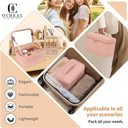 Makeup Bag With LED Mirror, Lightweight Travel Makeup Bag With 3 Color Setting Light Up Mirror Cosmetic Organizer Vanity Case for Women Beauty Tools Accessories Rechargeable Makeup Train Case-Pink