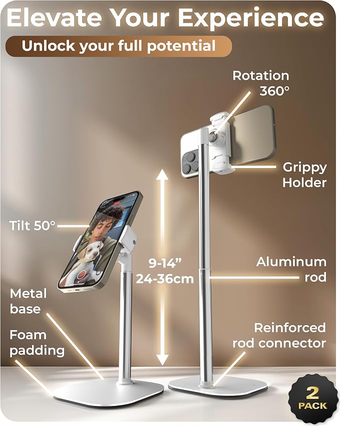 COOPER ChatStand, [Gift Family Pack], Adjustable Cell Phone Stand for Desk, Phone Stand for Recording, iPhone Holder, Small Tripod for iPhone, Fits Samsung, Android Smartphones, (Frost White, 2-Pack)