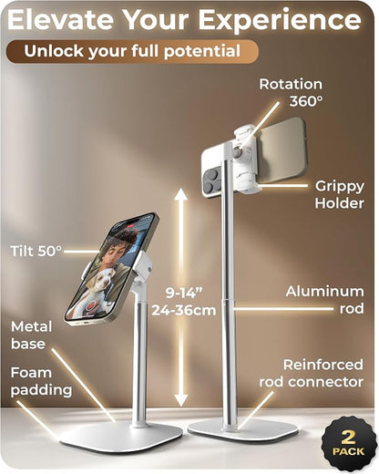 COOPER ChatStand, [Gift Family Pack], Adjustable Cell Phone Stand for Desk, Phone Stand for Recording, iPhone Holder, Small Tripod for iPhone, Fits Samsung, Android Smartphones, (Frost White, 2-Pack)