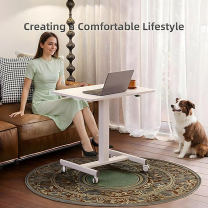 YDN Mobile Mobile Standing Desk, Adjustable Height Portable Laptop Desk with Lockable Wheels, 25.5" x 18.8" Rolling Desk with Hook for Computer Workstation, White