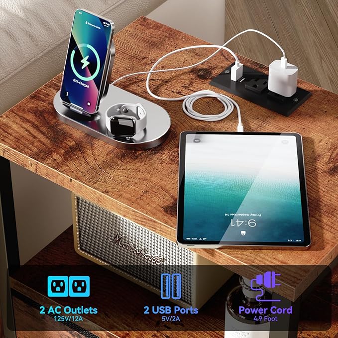 Furologee Nightstand with Charging Station, End Table with LED Lights, Bedside Table with USB Ports & Outlets, Night Stands with 2 Drawers, for Living Room/Bedroom
